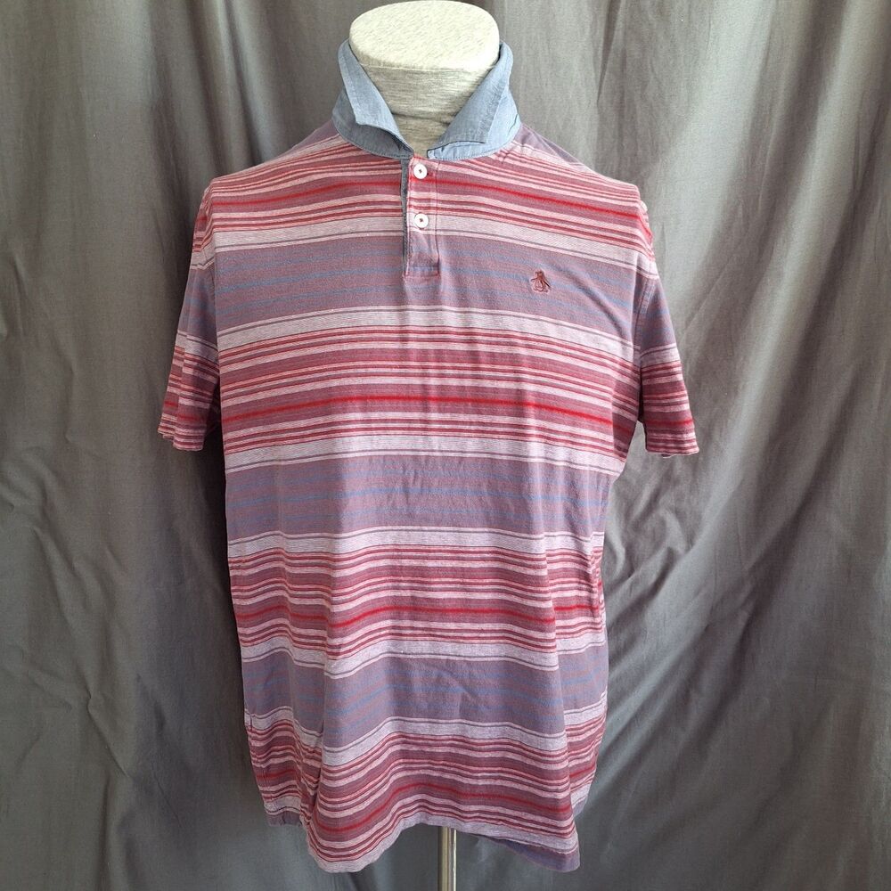 XXL An Original Penguin Maroon Blue Stripped Polo Shirt 100 Cotton Golf Casual